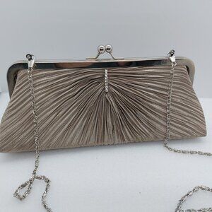 Beige Color Satin Evening Clutch Bag With Rhinestones